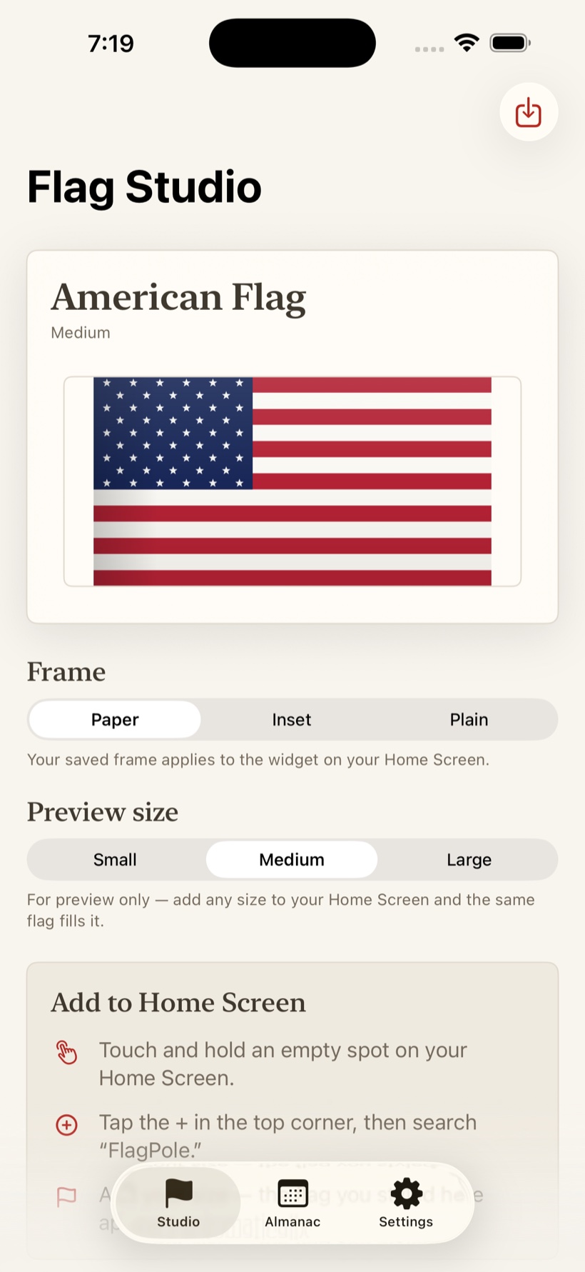 The FlagPole Studio screen, showing a preview of the American flag widget above the frame and size controls.